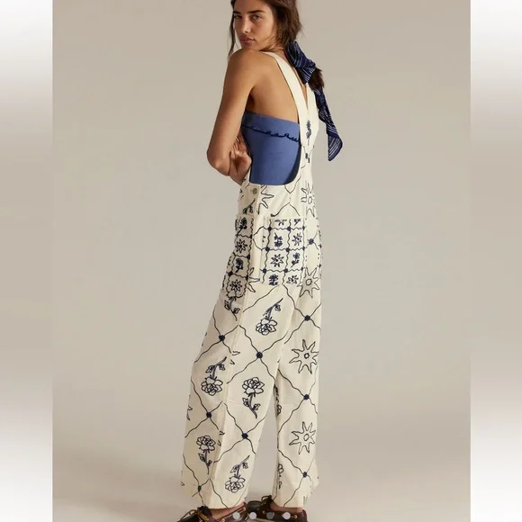 Free People We the Free Rising Sun Embroidered Overalls in Solar Ecru - Picture 3 of 10